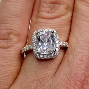 Macy's Square Cut Sterling Silver Moissanite Diamond Halo Ring S925 Size 6